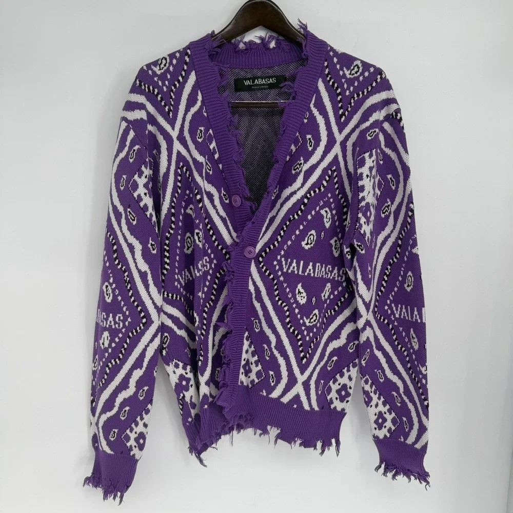 Valabasas Mens Purple Paisley Distressed Cardigan Sweater XL Cotton Streetwear